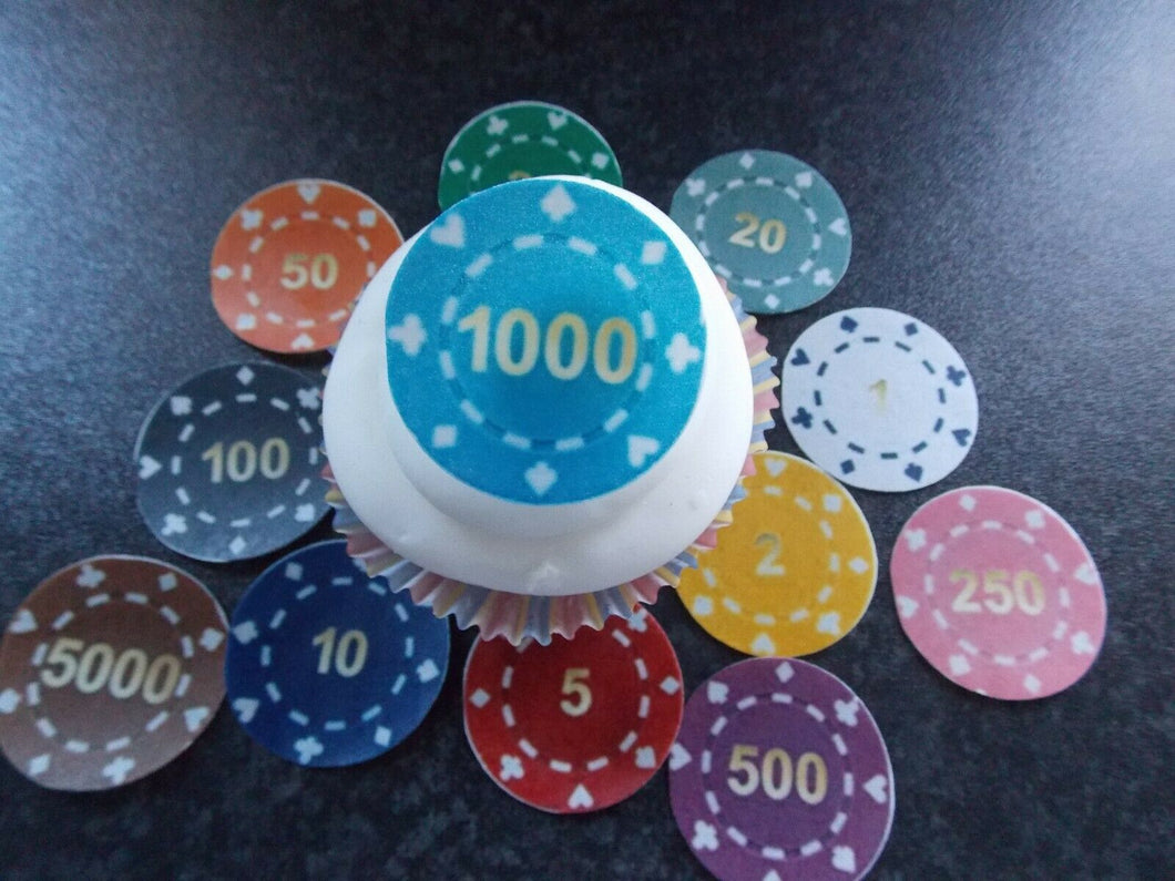 12 PRECUT Edible Casino Chip discs wafer/rice paper cake/cupcake toppers