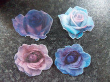 Load image into Gallery viewer, 12 PRECUT Edible Purple Roses wafer/rice paper cake/cupcake toppers
