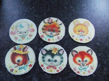Load image into Gallery viewer, 12 PRECUT Edible Vintage Baby Animal discs wafer/rice paper cake/cupcake toppers
