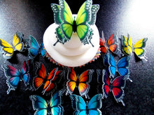 Load image into Gallery viewer, 12 PRECUT Double Multi Colour Edible wafer paper Butterflies cake/cupcake topper
