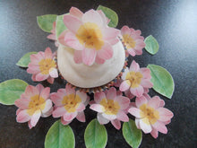 Load image into Gallery viewer, 34 piece 3D Edible pink flower and leaves wafer paper cake/cupcake topper(e)
