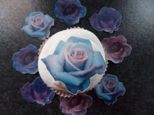 Load image into Gallery viewer, 12 PRECUT Edible Purple Roses wafer/rice paper cake/cupcake toppers
