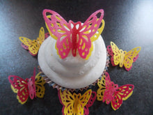Load image into Gallery viewer, 12 PRECUT Double Yellow/Pink Edible wafer paper Butterflies cupcake toppers2
