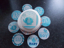 Load image into Gallery viewer, 12 PRECUT Edible Baby Boy/shower Discs wafer/rice paper cake/cupcake toppers
