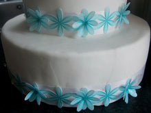 Load image into Gallery viewer, 3 Precut Edible Wafer Paper 3d Blue Daisy flower cake ribbon/border cake topper
