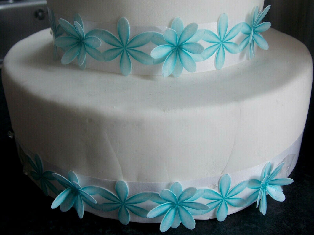 3 Precut Edible Wafer Paper 3d Blue Daisy flower cake ribbon/border cake topper