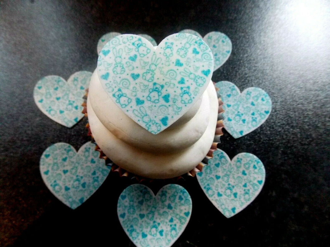 12 PRECUT Baby Boy Blue Hearts Edible wafer paper cake/cupcake toppers