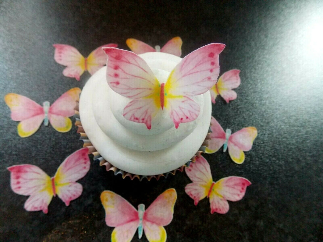 16 PRECUT Edible Pink & Yellow Butterflies wafer/rice paper cake/cupcake toppers