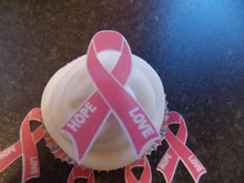 Load image into Gallery viewer, 12 PRECUT Edible Pink Breast Cancer ribbon wafer/rice paper cake/cupcake topper
