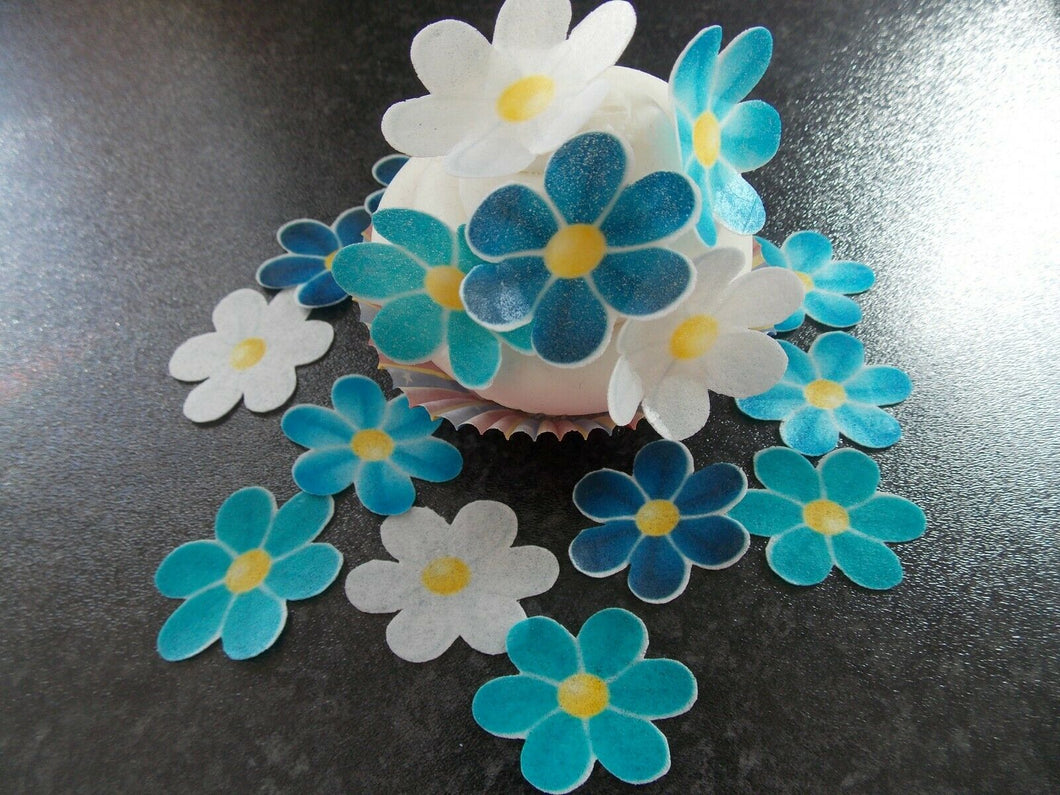 16 PRECUT Edible Blue Flowers wafer/rice paper cake/cupcake toppers