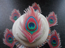 Load image into Gallery viewer, 12 PRECUT Edible Pink Peacock Feathers wafer/rice paper cake/cupcake toppers
