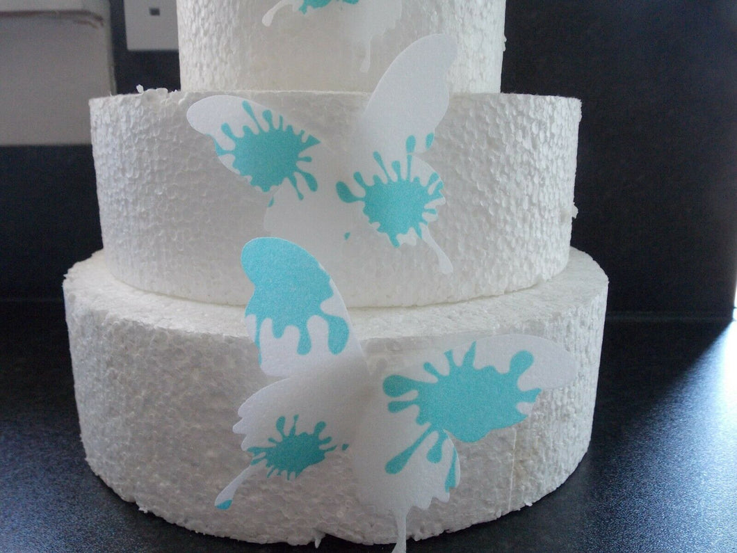 8 precut edible Large Blue Paint Splat Butterflies Wedding,Birthday cake topper