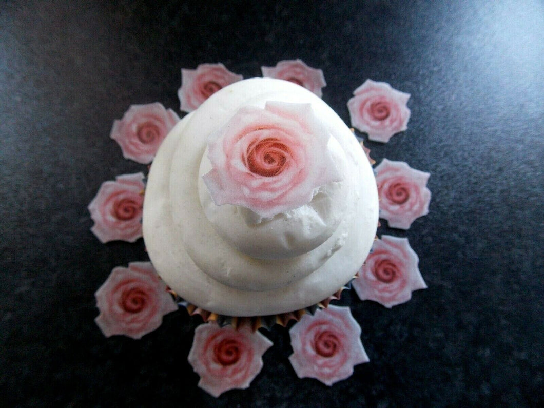 24 small PRECUT edible wafer/rice paper Valentine pink rose cake/cupcake toppers