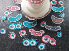 Load image into Gallery viewer, 12 Sets of Edible wafer Paper Monster Faces (girls) cake/cupcake toppers
