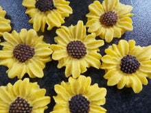 Load image into Gallery viewer, 12 Edible fondant Sunflower cake/cupcake toppers
