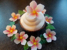 Load image into Gallery viewer, 12 Edible Pink &amp; Yellow flowers and Ivy leaves wafer paper cake/cupcake topper
