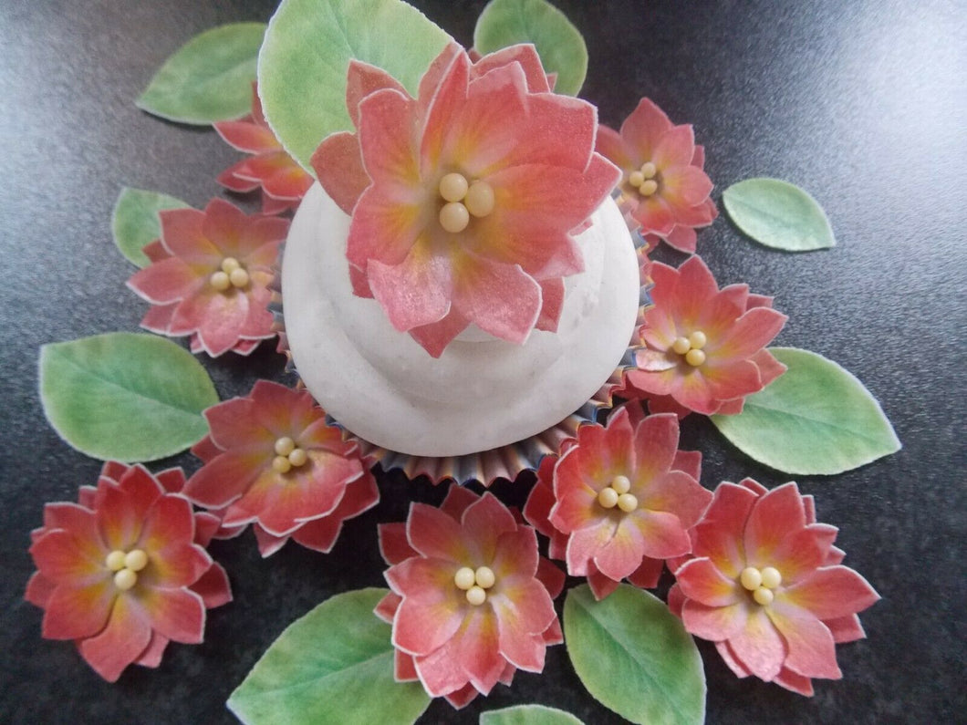 34 piece 3D Edible salmon flower and leaves wafer paper cake/cupcake topper(c)