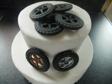 Load image into Gallery viewer, 6 Edible fondant Bike/Motorbike/Car Wheels cake and cupcake toppers
