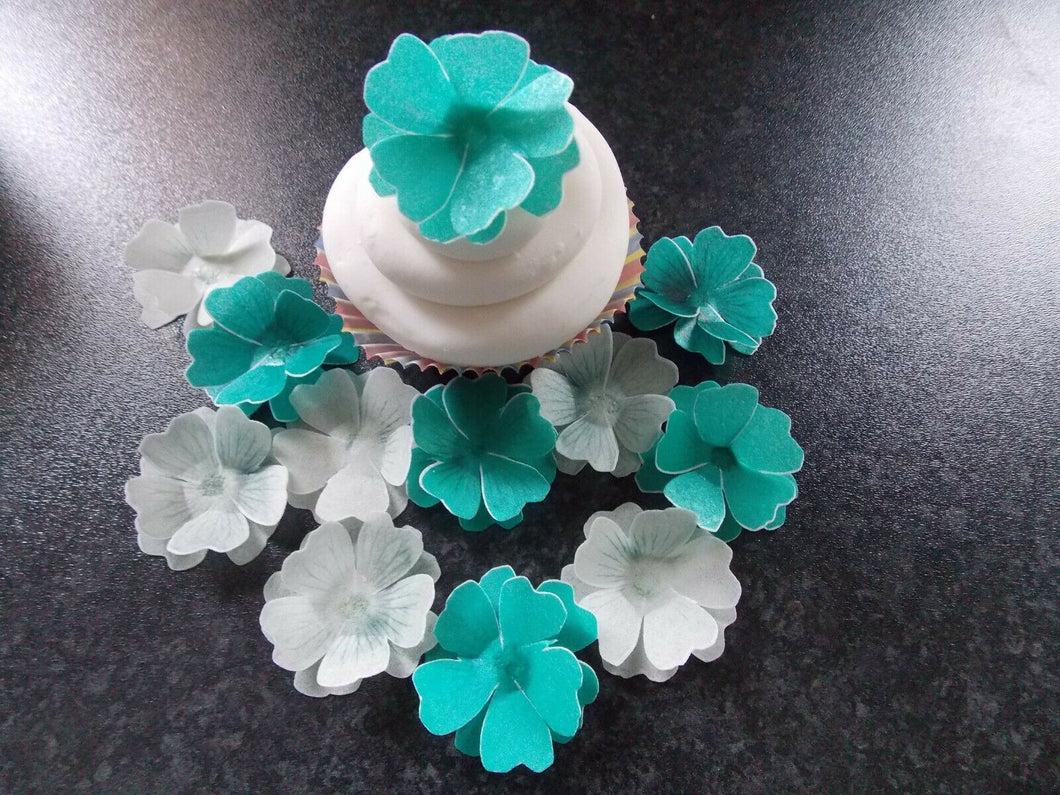 12 x 3D Edible Teal and grey/silver flowers wafer/rice paper cake/cupcake topper