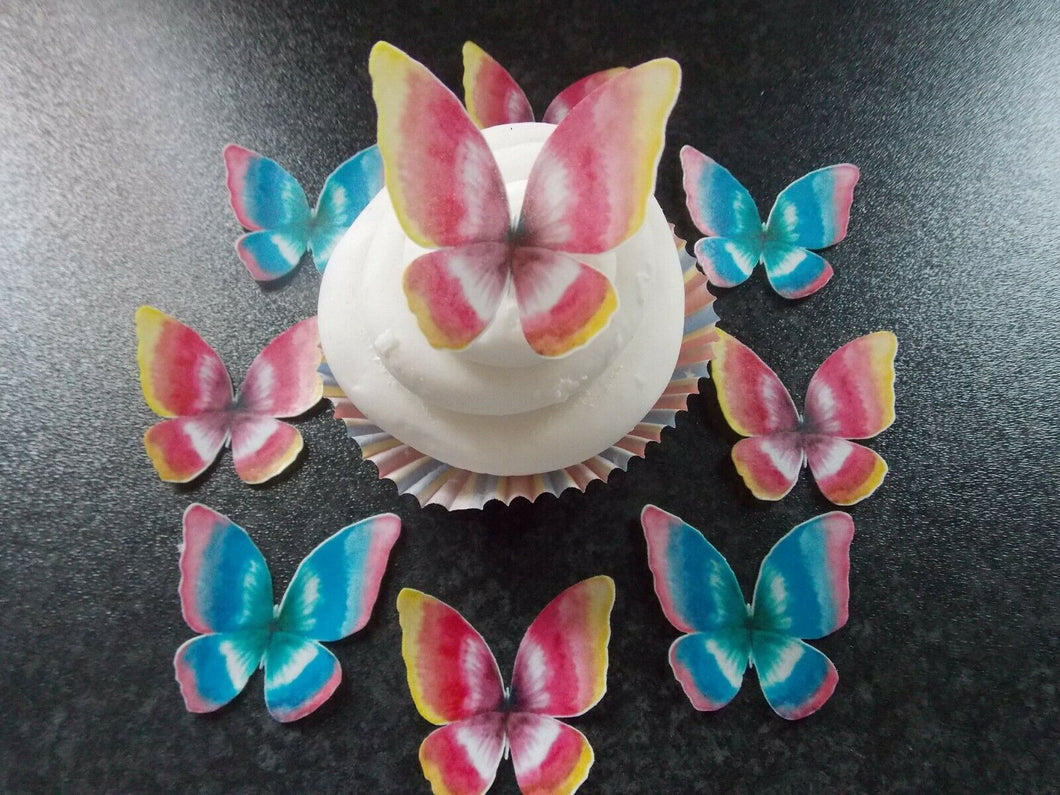 12 Precut Edible Tie Dye Pink & Blue Butterflies for cakes and cupcake toppers