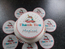 Load image into Gallery viewer, 12 PRECUT Edible Thank you Unicorn Discs wafer paper cake/cupcake toppers (4)
