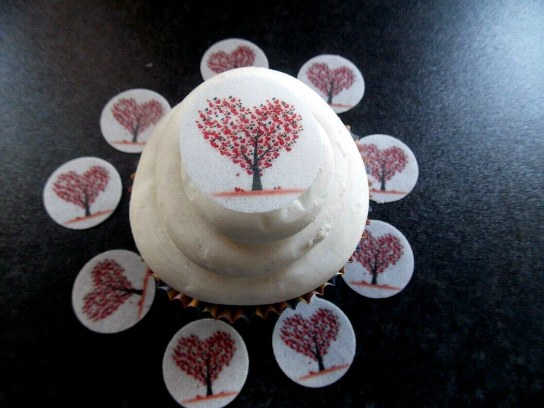 24 small PRECUT edible wafer paper Valentine Disc heart tree cake/cupcake topper