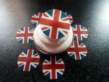 Load image into Gallery viewer, 12 PRECUT Union Jack/VE Day discs Edible wafer/rice paper cupcake toppers
