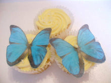Load image into Gallery viewer, 12 PRECUT Large Blue Edible wafer/rice paper Butterflies cake/cupcake toppers
