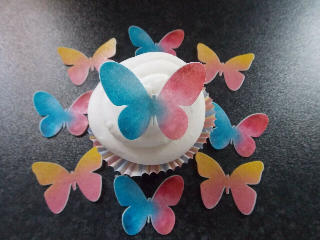 12 Precut Edible Pink Yellow & Blue Butterflies for cakes and cupcake toppers