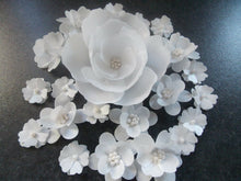 Load image into Gallery viewer, 21 Edible White Mix flowers wafer/rice paper cake/cupcake toppers
