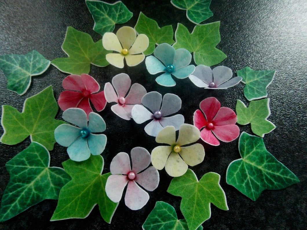 24 small edible wafer paper flowers with leaves for cakes/cupcakes