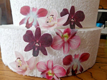 Load image into Gallery viewer, 12 PRECUT Edible Pink Orchid wafer/rice paper cake/cupcake toppers
