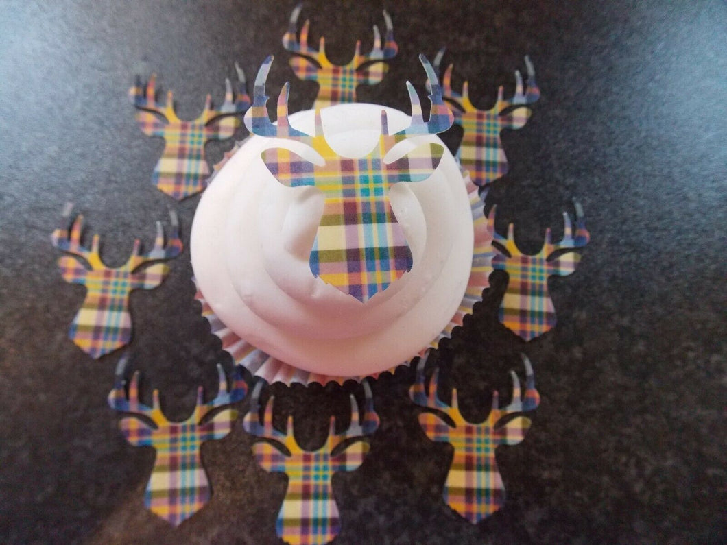 12 PRECUT Edible Tartan style Stags Head wafer/rice paper cake/cupcake toppers