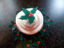 Load image into Gallery viewer, 24 PRECUT Edible Christmas/xmas small Holly wafer paper cake/cupcake toppers
