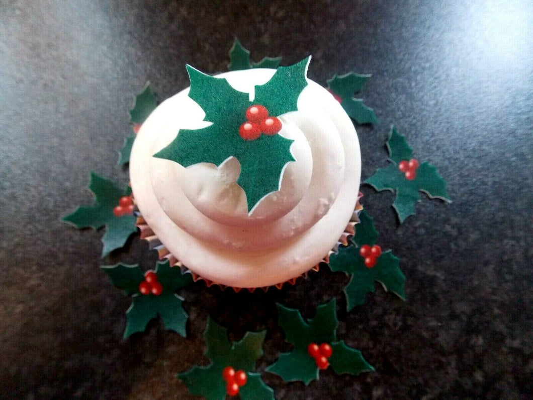 24 PRECUT Edible Christmas/xmas small Holly wafer paper cake/cupcake toppers