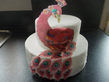 Load image into Gallery viewer, 17 Piece Edible Pink Peacock body and feathers wafer/rice paper cake toppers

