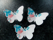 Load image into Gallery viewer, 16 PRECUT Edible Floral PinkBlue White Butterfly wafer paper cake/cupcake topper
