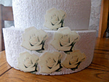 Load image into Gallery viewer, 12 PRECUT Edible Cream/Ivory Roses wafer/rice paper cake/cupcake toppers
