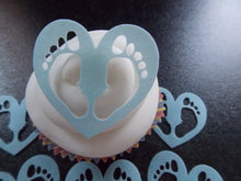 Load image into Gallery viewer, 12 PRECUT Blue Baby Feet Hearts Edible wafer/rice paper cake/cupcake toppers
