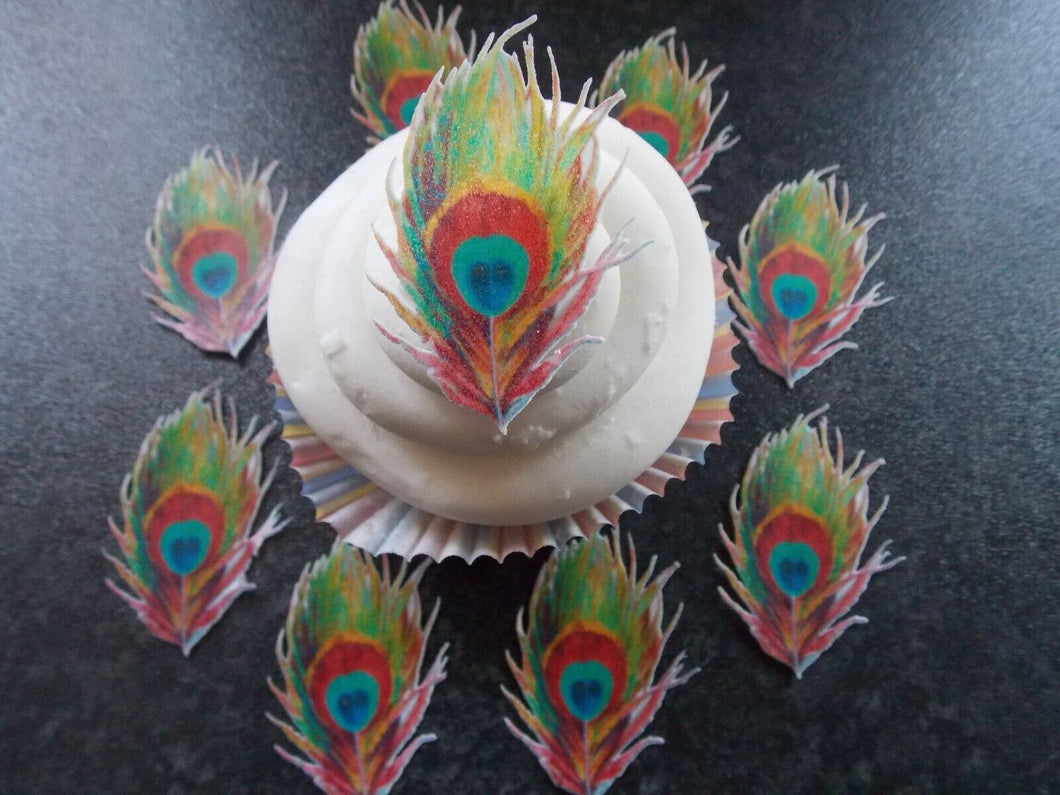 12 PRECUT Edible Multi Colour Peacock Feathers wafer paper cake/cupcake toppers