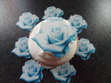 Load image into Gallery viewer, 12 PRECUT Edible Blue Roses wafer/rice paper cake/cupcake toppers
