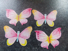 Load image into Gallery viewer, 16 PRECUT Edible Pink &amp; Yellow Butterflies wafer/rice paper cake/cupcake toppers
