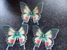 Load image into Gallery viewer, 12 PRECUT Red and Green Butterflies Edible wafer/rice paper cupcake toppers (D)
