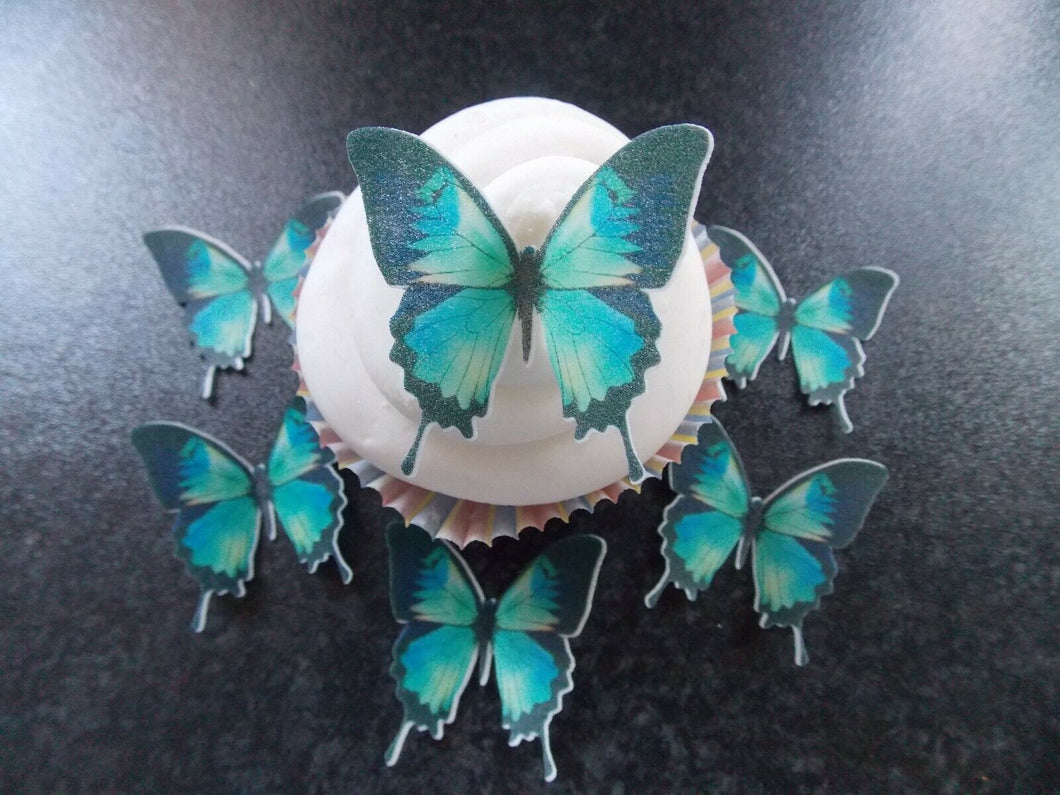 12 PRECUT Teal Butterflies Edible wafer/rice paper cupcake toppers (D)