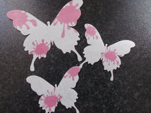 Load image into Gallery viewer, 8 Precut edible Large Pink Paint Splat Butterflies Wedding,Birthday cake toppers
