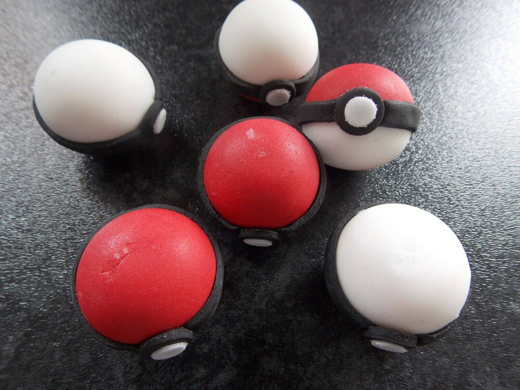 6 Edible Pokeballs/pokemon fondant cake/cupcake toppers