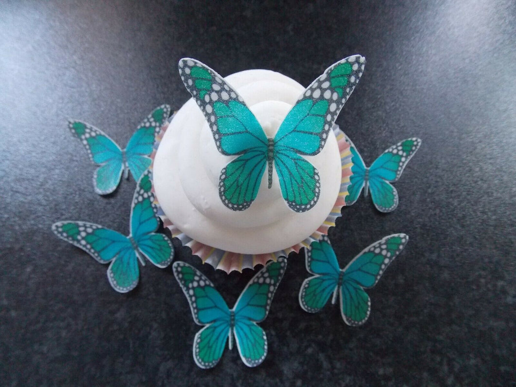 12 PRECUT Teal Butterflies Edible wafer/rice paper cupcake toppers(E)