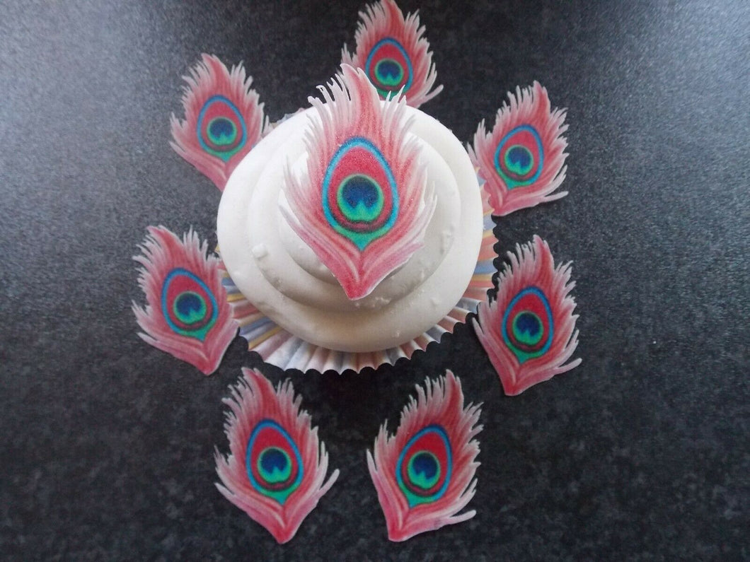 12 PRECUT Edible Pink Peacock Feathers wafer/rice paper cake/cupcake toppers
