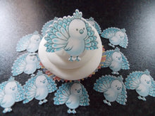 Load image into Gallery viewer, 12 PRECUT Edible Blue Peacock wafer/rice paper cake/cupcake toppers

