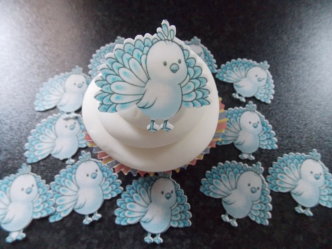 12 PRECUT Edible Blue Peacock wafer/rice paper cake/cupcake toppers